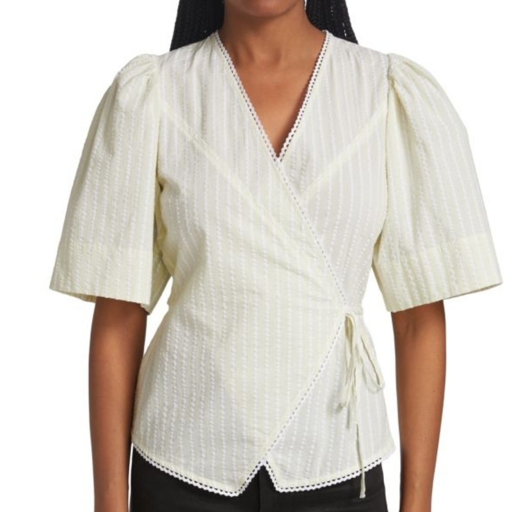 GANNI Seersucker Stripe Blouse Butter Yellow Size 4